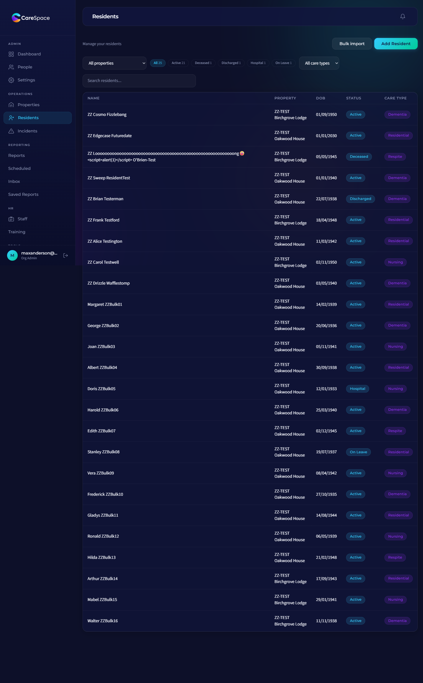 CareSpace resident records list